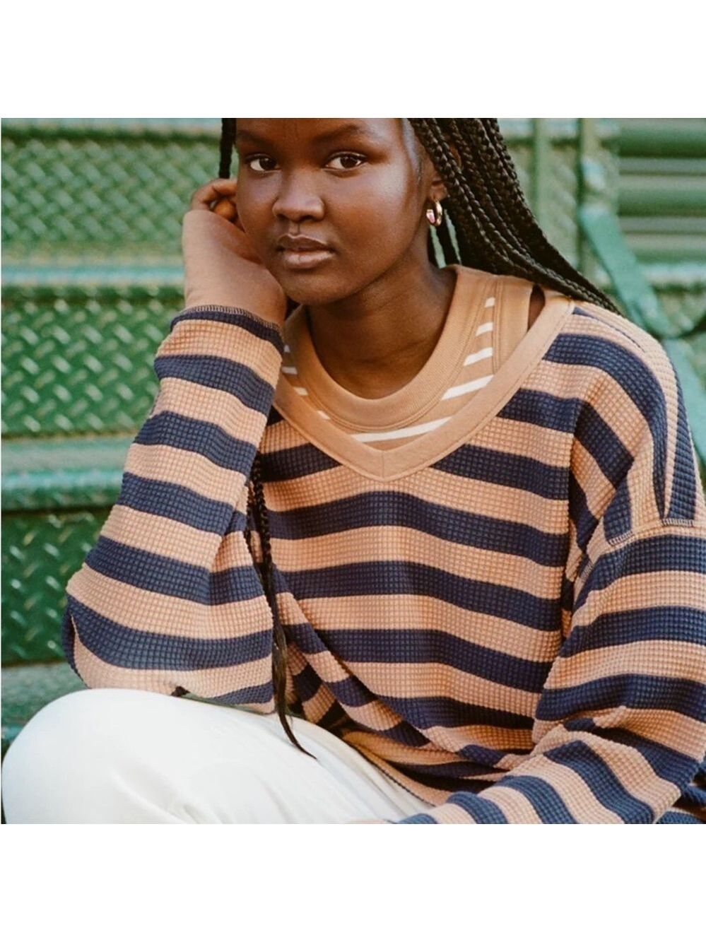 NWT OFFLINE By Aerie Wow! Waffle Oversized T-Shirt Striped V-Neck Tan Sweater S - Picture 3 of 16